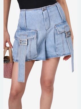 Light Blue Denim Cargo Shorts with Buckle Detail